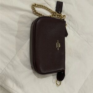 Coach Chocolate Brown Leather Clutch with Gold Chain
